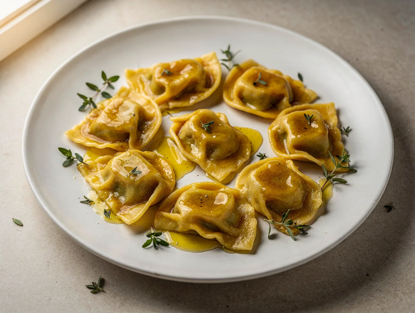 Handcrafted agnolotti with glossy jus reduction