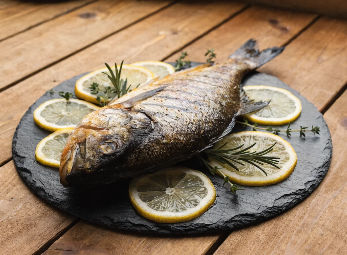 Whole roasted branzino served with charred lemon and fresh herbs