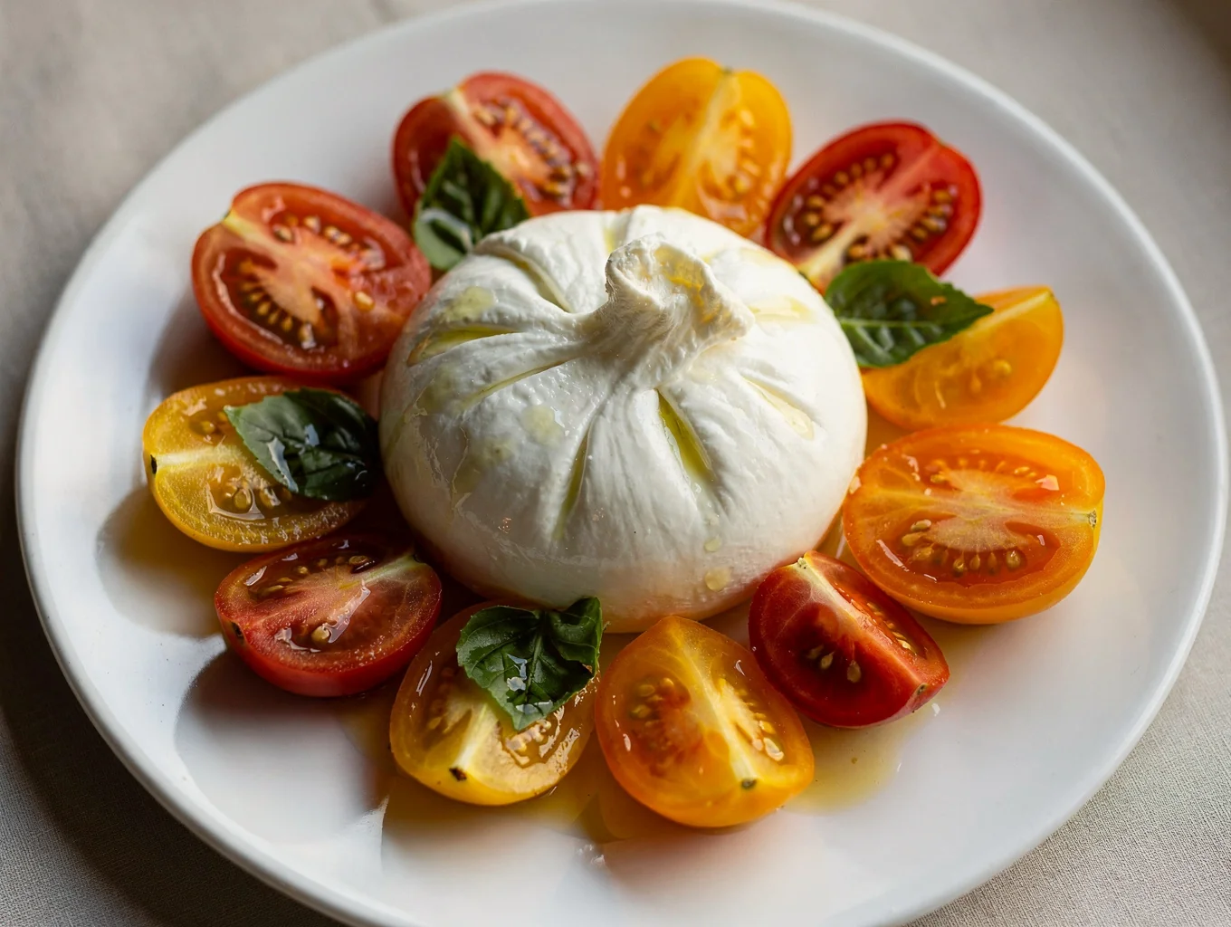 Creamy burrata cheese served with colorful heirloom tomatoes