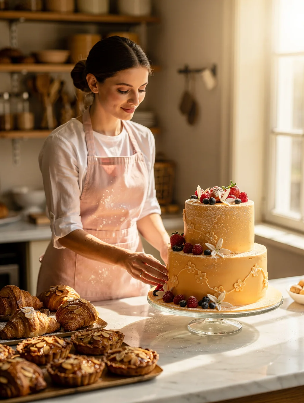 Chef Elena Moretti plating a delicate seasonal dessert