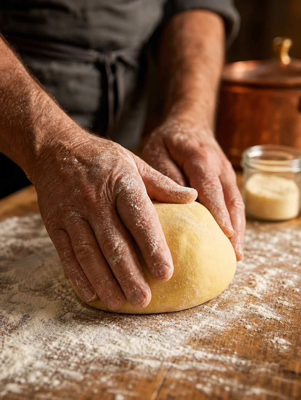 Artisan hands preparing fresh pasta dough