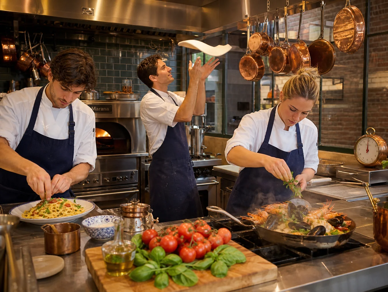 Chefs preparing fresh pasta at the Misto open kitchen counter