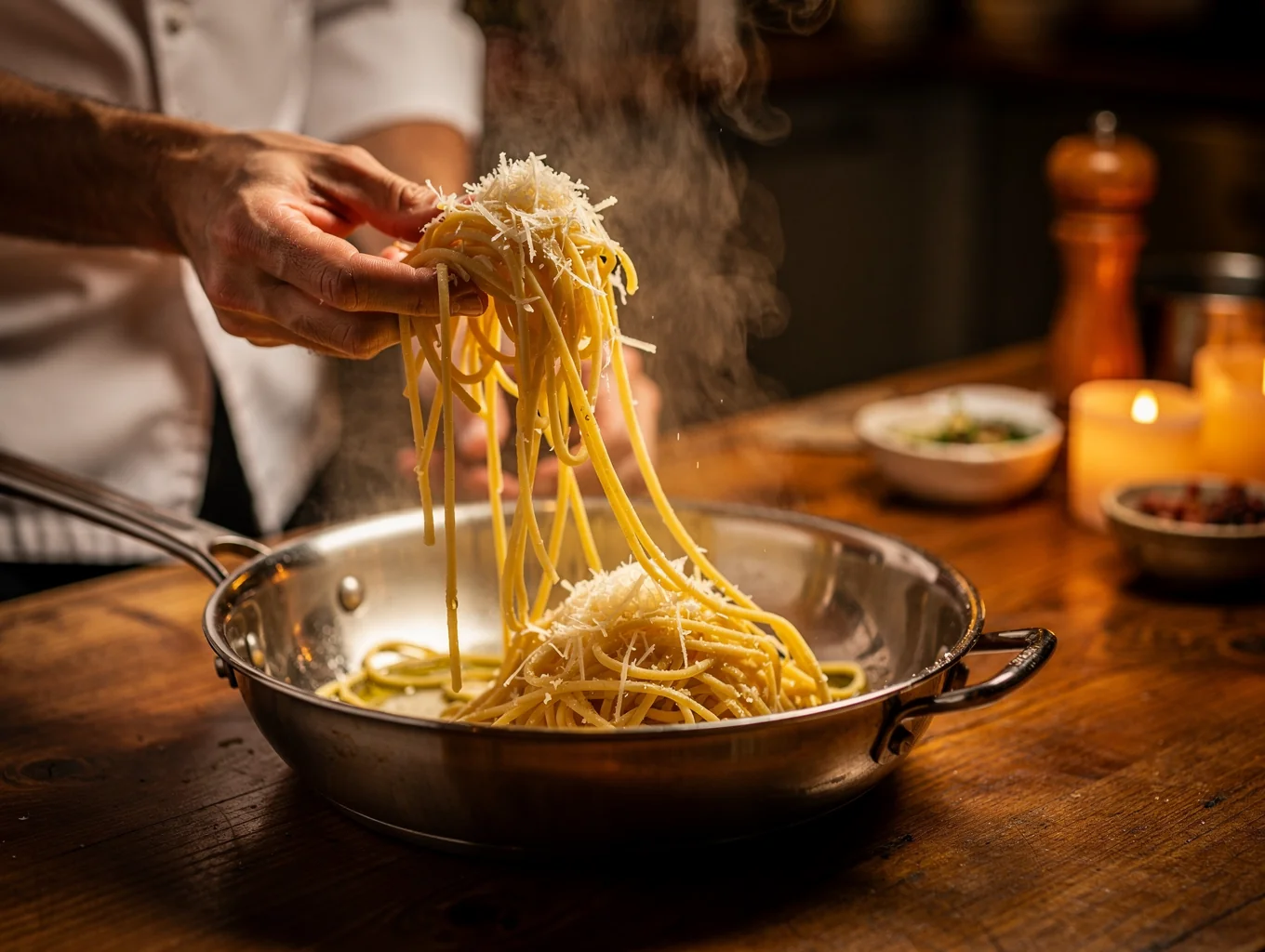 Chef plating a fresh handmade pasta dish in our open kitchen