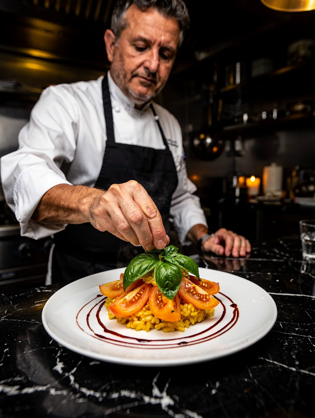 Close-up of chef plating a seasonal Italian dish