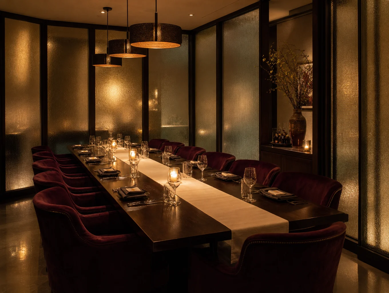 Private dining room with warm lighting and elegant decor
