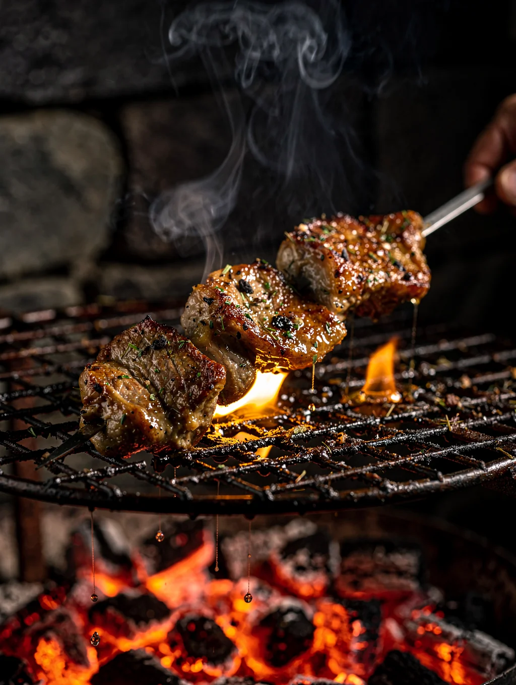 Chef grilling seasonal vegetables over open wood fire