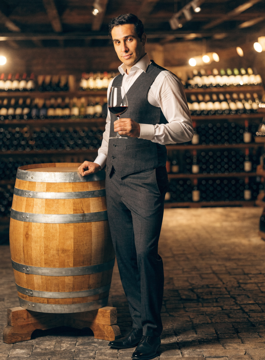 Sommelier Luca Romano selecting a bottle from the cellar