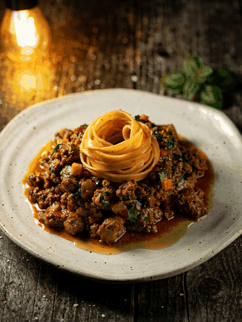 Freshly prepared tagliatelle pasta with hearty beef ragu sauce