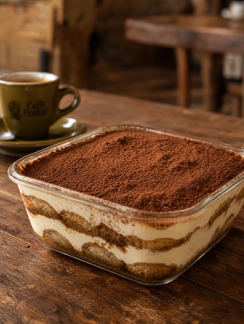 Classic Italian tiramisu served in a glass with cocoa dusting